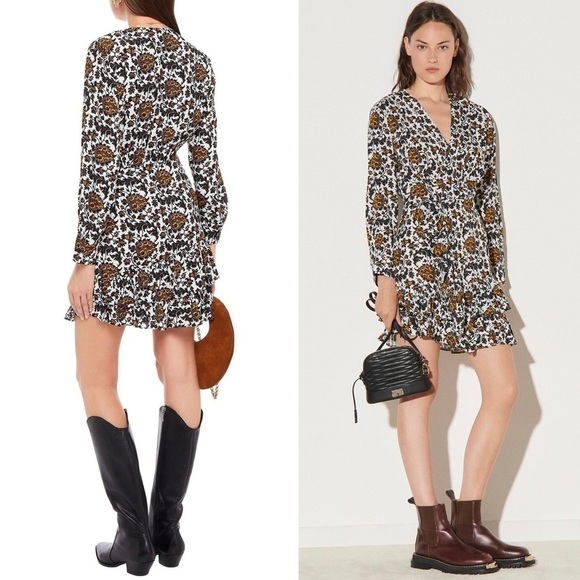 SANDRO Floral Print Long Sleeve V-Neck Faux Wrap Tiered Ruffle Mini Dress 6 - Picture 4 of 16